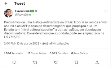 Flávio Dino diz que vai levar ao CNJ e ao MPF caso de desembargador que disse que Paraná tem 'nível cultural superior' ao das regiões Norte e Nordeste